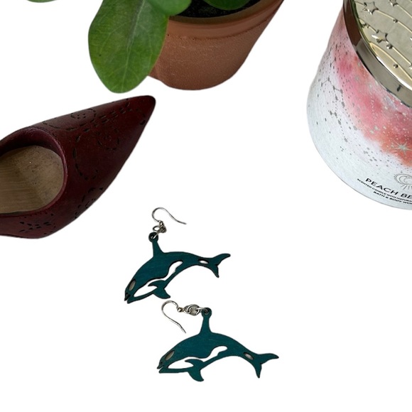 Wooden Blue Whale Earrings - Picture 1 of 4